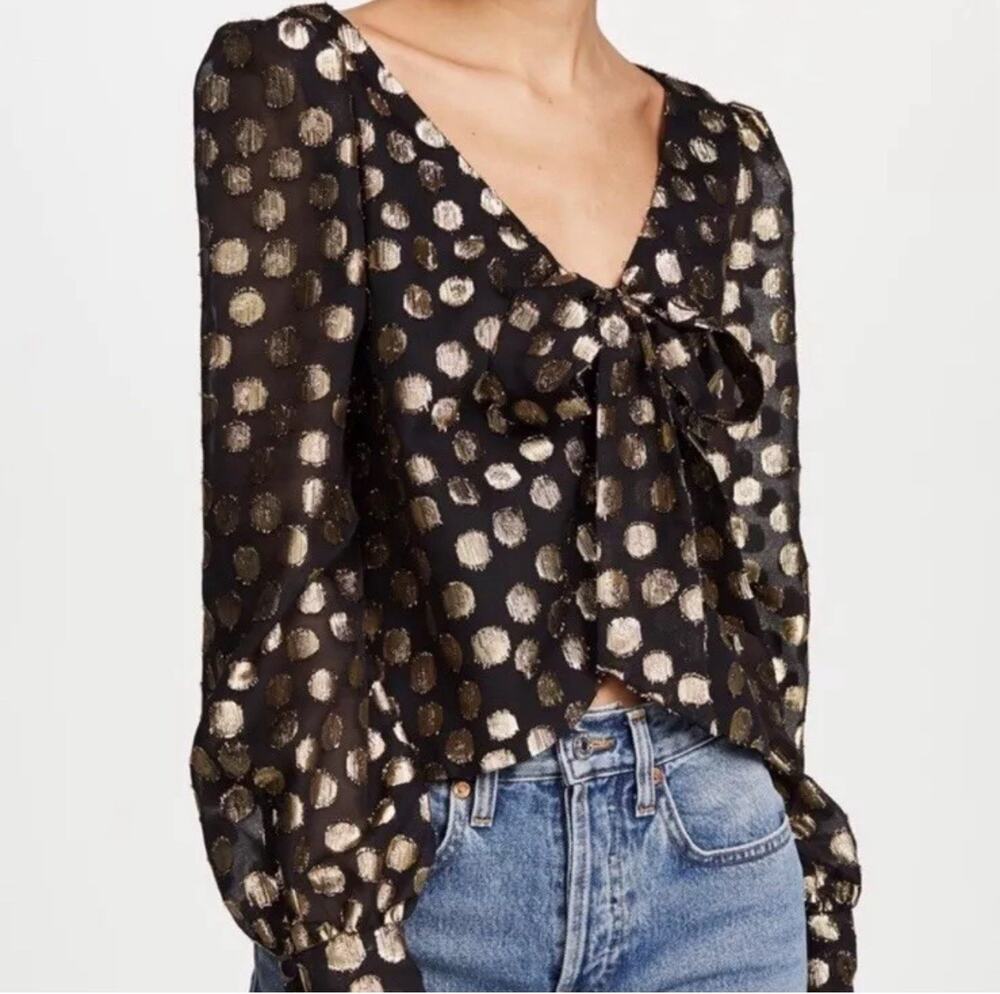 For Love and Lemons Lottie Blouse Size S Black Gold Metallic Dot Tie Front Top